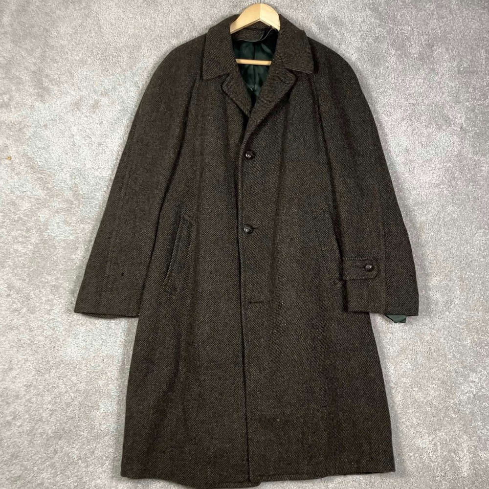 Vintage Harris Tweed Overcoat Mens L Brown Handwoven Scottish Wool Long Trench